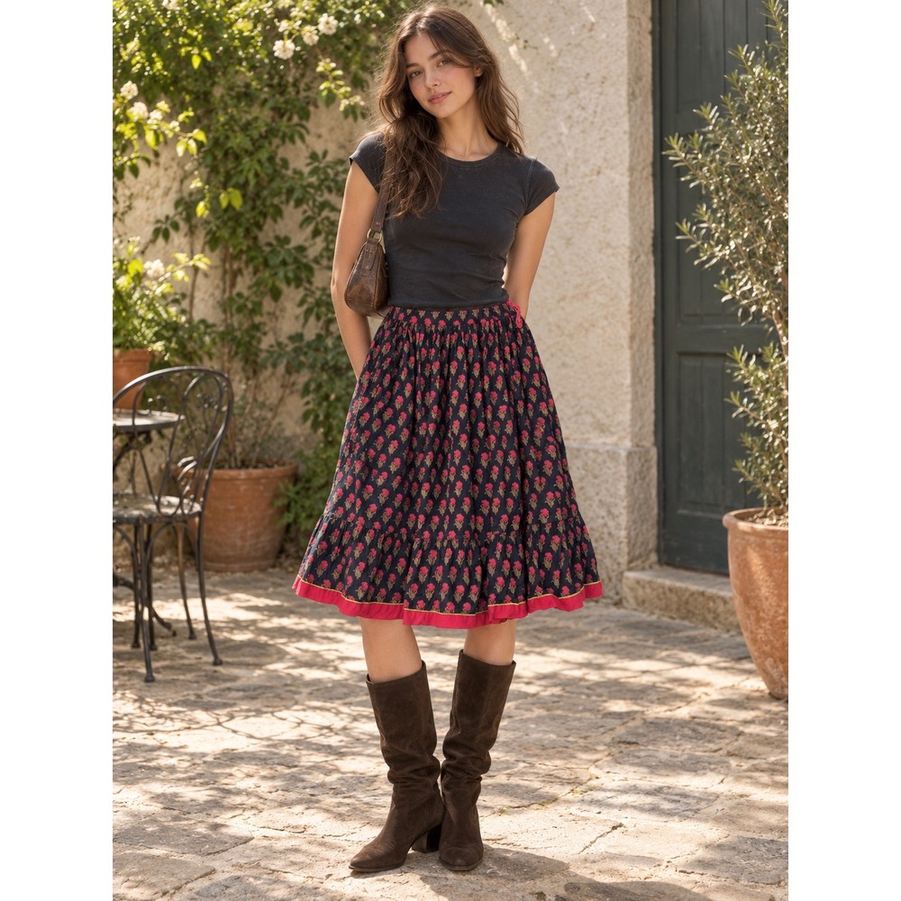 Boho Dark Floral A-Line Ruffle Midi Skirt Size M Whimsigoth Romantic Festival